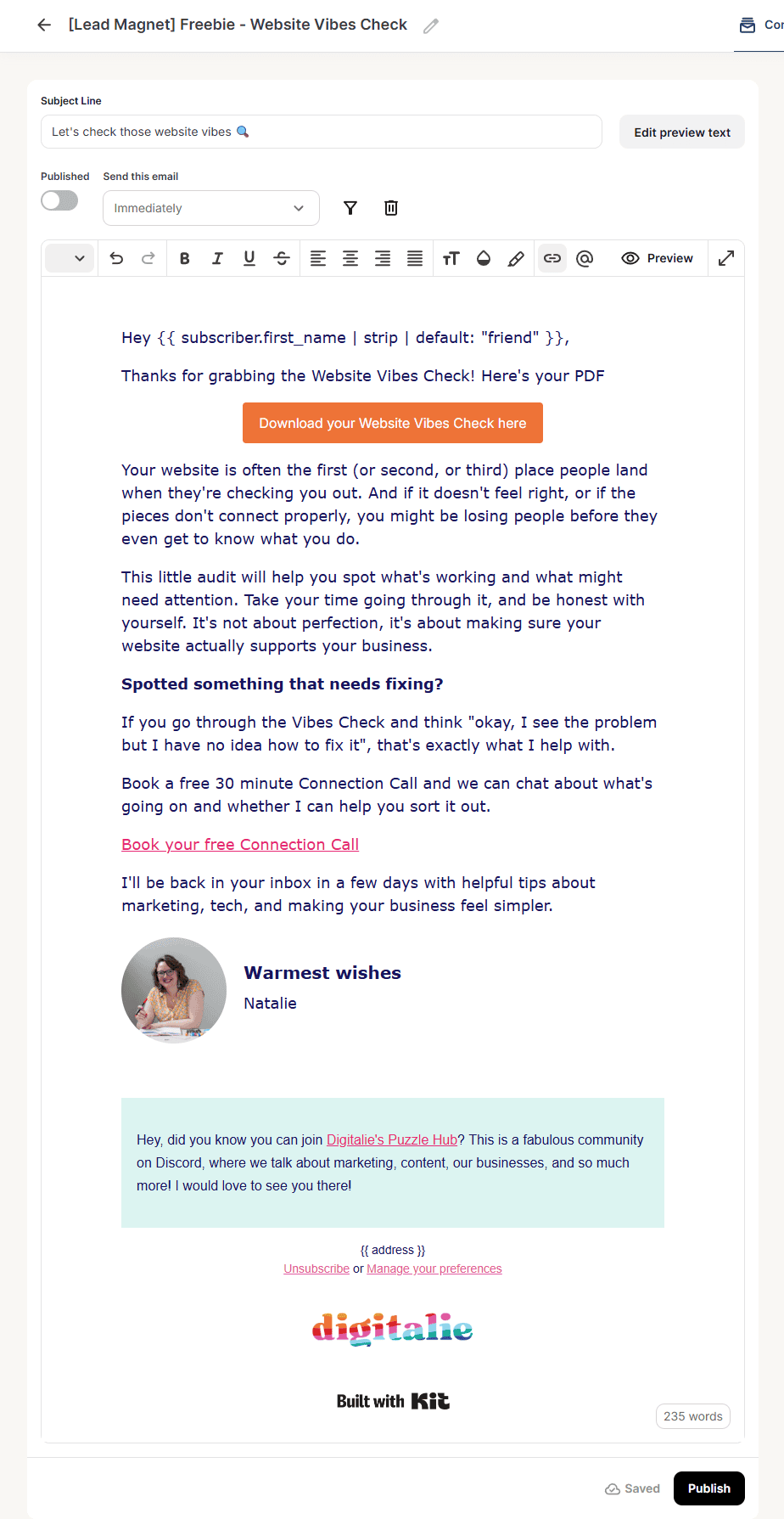 Freebie email example
