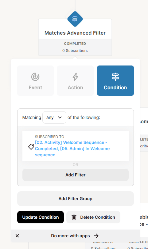 Condition setup in Kit to prevent subscribers from getting the Welcome Sequence again.