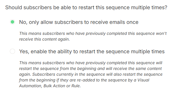 Sequence settings in Kit to let subscribers only receive emails once.